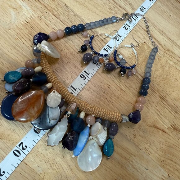 Chunky Beaded Necklace Hoop Earrings Set Gemstone Shell, Coastal, Beachy, Vacay - Picture 4 of 9